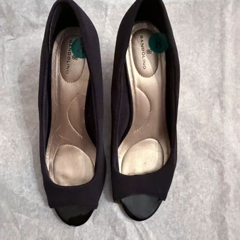 Bandolino Tufflove Black Peep Toe Patent Wedge Heels 8M